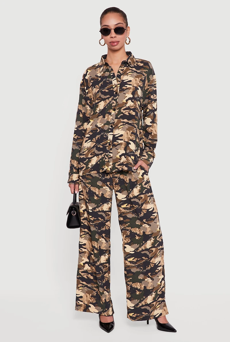 Camouflage Crepe Knit Long Sleeve Button Front Shirt