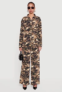 Camouflage Crepe Knit Long Sleeve Button Front Shirt