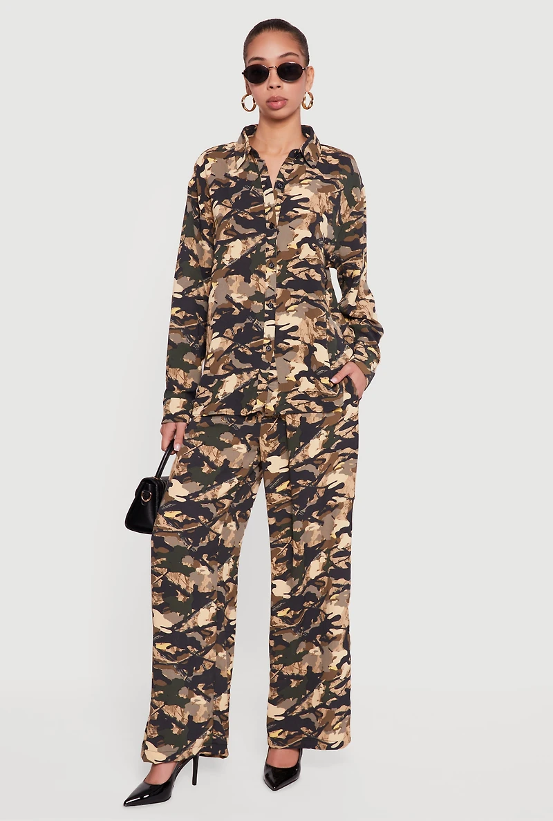 Camouflage Crepe Knit Pull On Straight Leg Pants