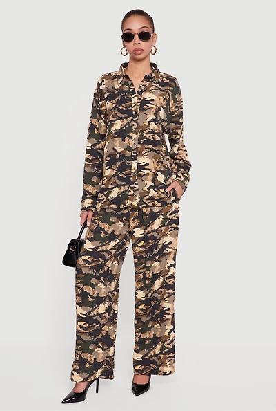 Camouflage Crepe Knit Pull On Straight Leg Pants