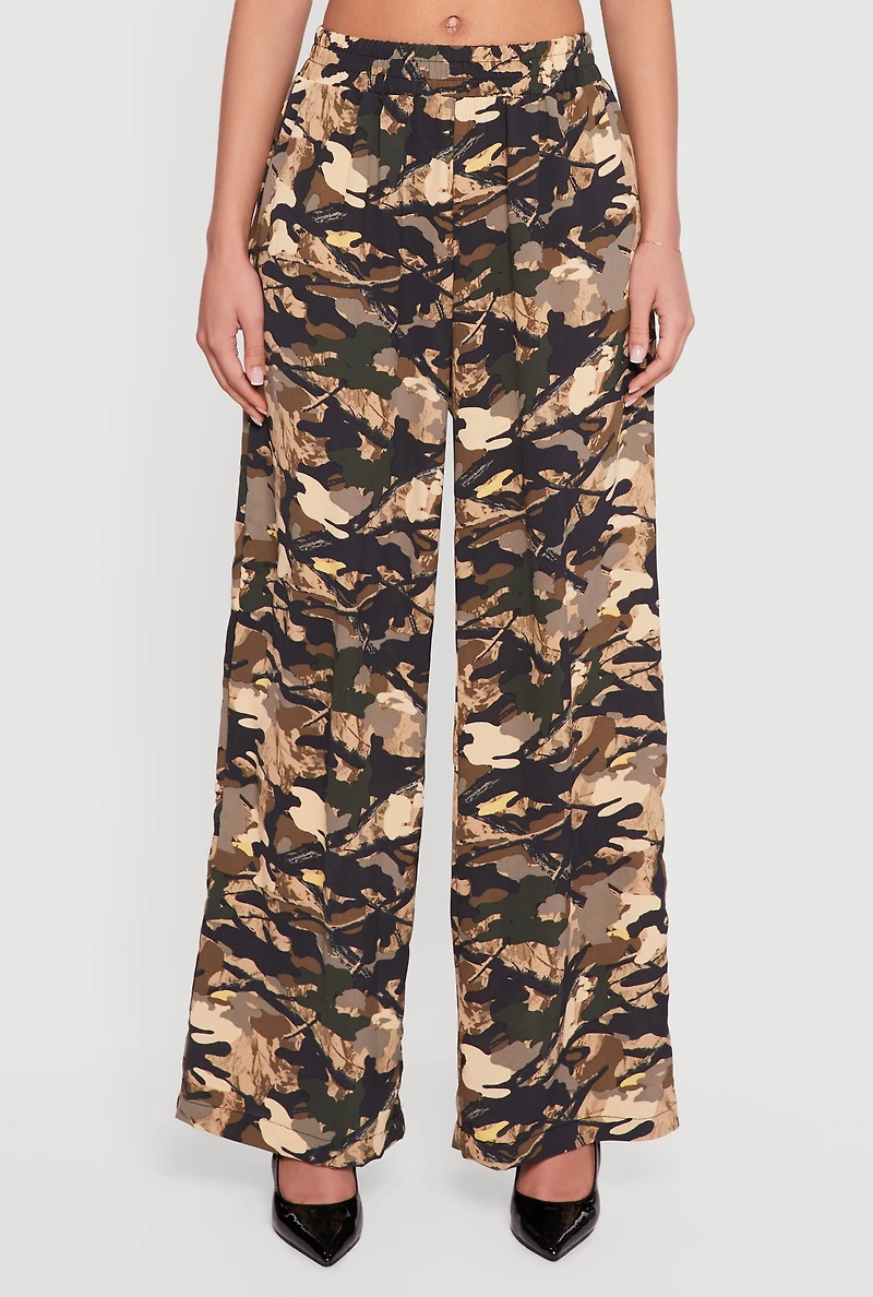 Camouflage Crepe Knit Pull On Straight Leg Pants