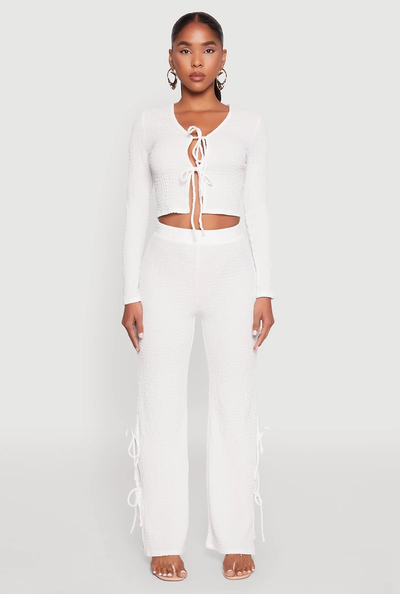 Womens Textured Knit Double Side Tie Slit Pants, White, Size XL