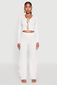 Womens Textured Knit Double Side Tie Slit Pants, White, Size XL