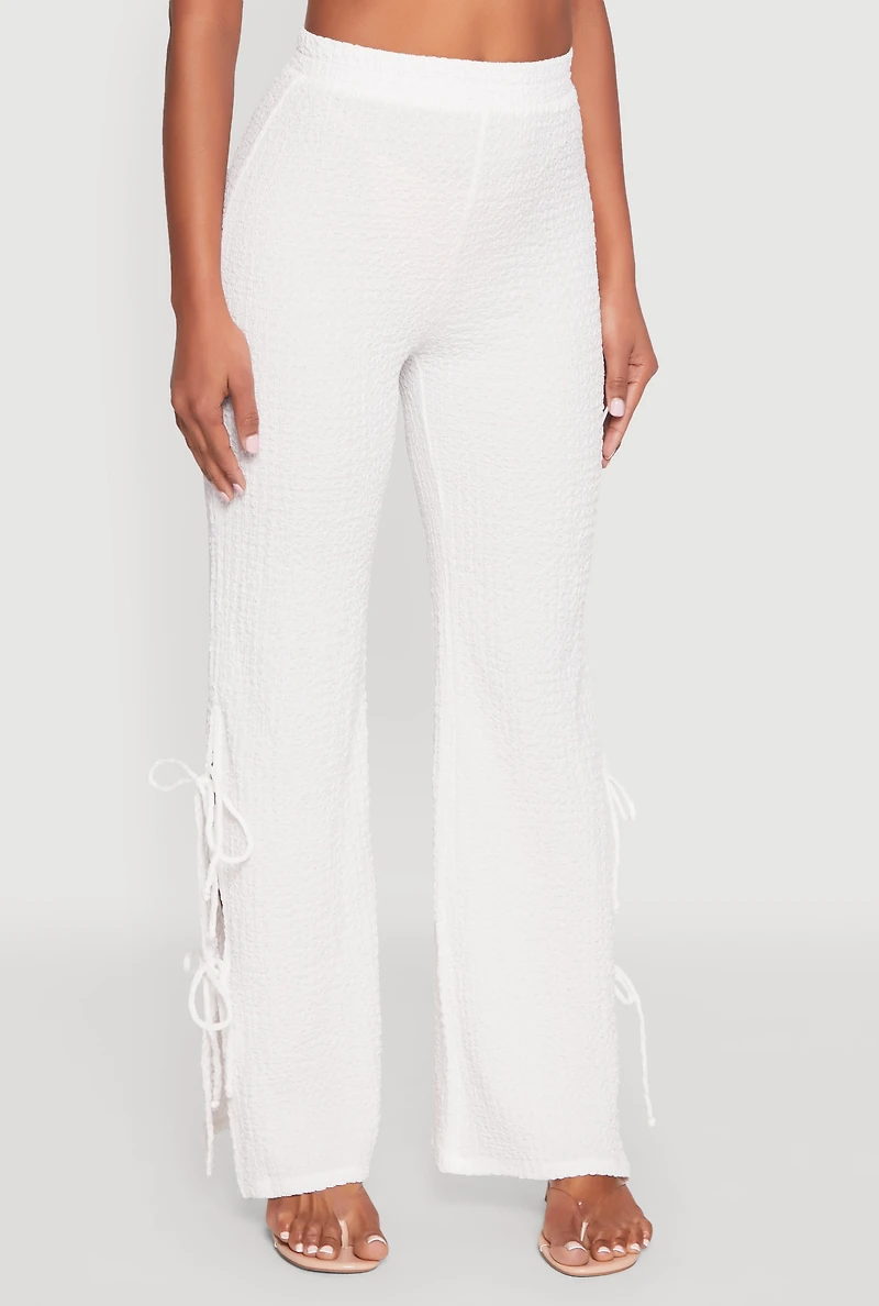 Womens Textured Knit Double Side Tie Slit Pants, White, Size XL