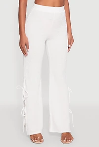 Womens Textured Knit Double Side Tie Slit Pants, White, Size XL