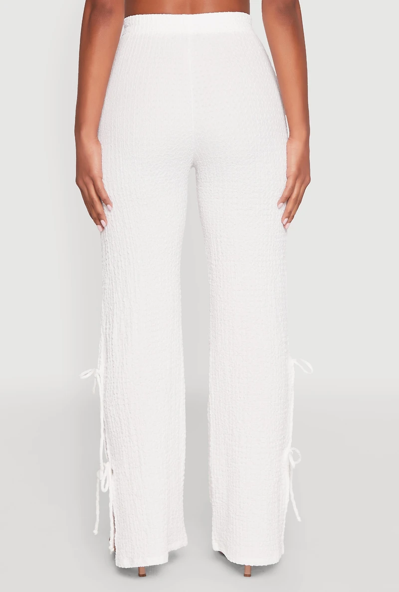 Womens Textured Knit Double Side Tie Slit Pants, White, Size XL