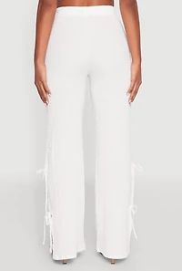 Womens Textured Knit Double Side Tie Slit Pants, White, Size S