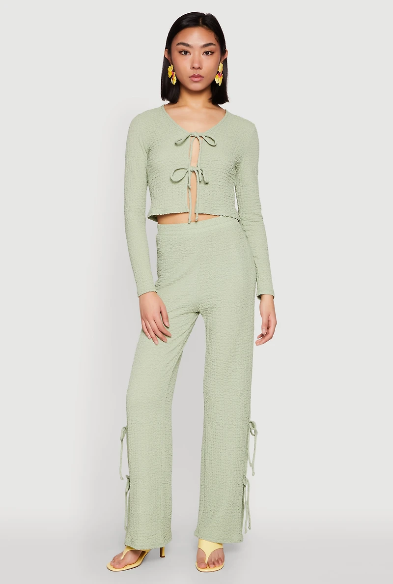 Womens Textured Knit Double Side Tie Slit Pants, Green, Size L