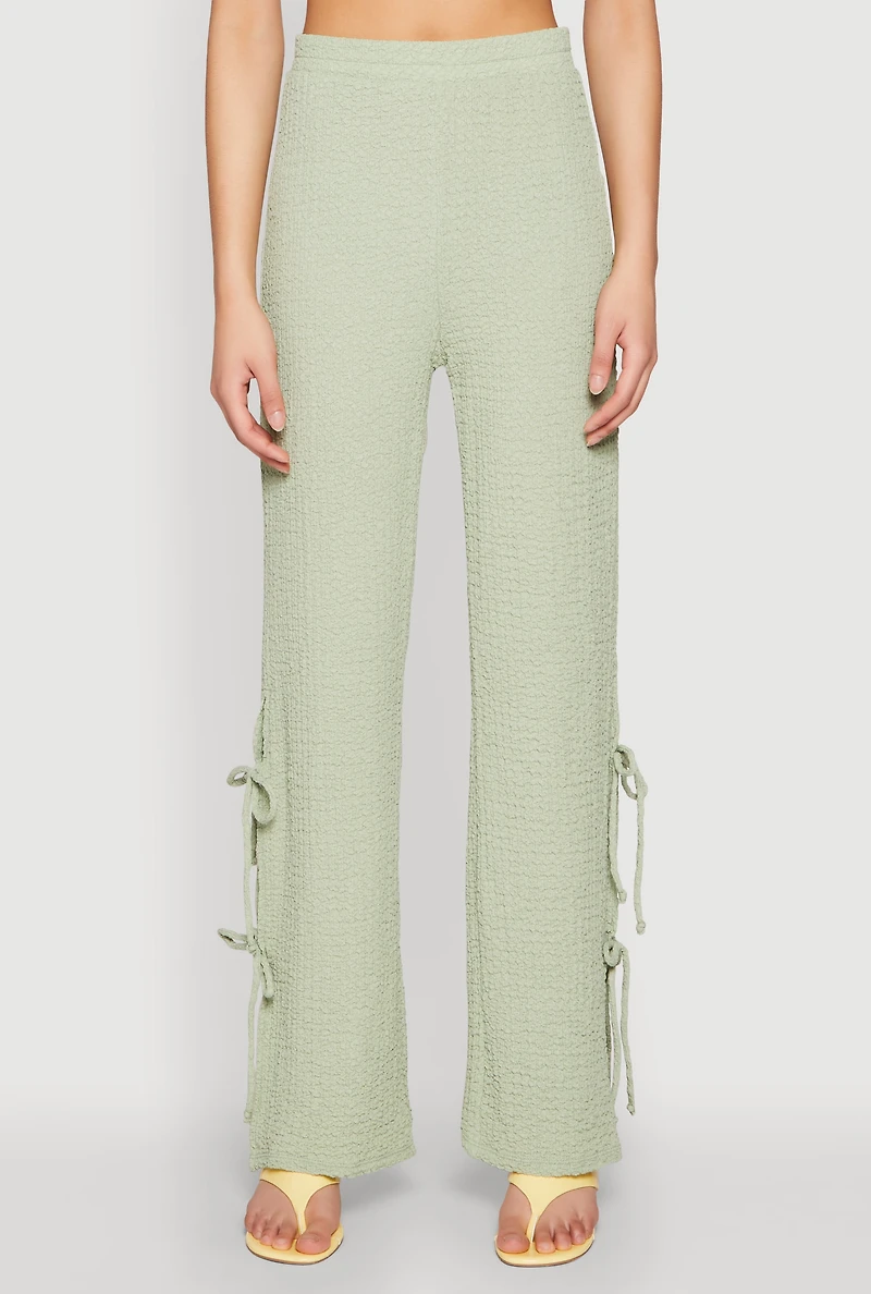 Womens Textured Knit Double Side Tie Slit Pants, Green, Size L