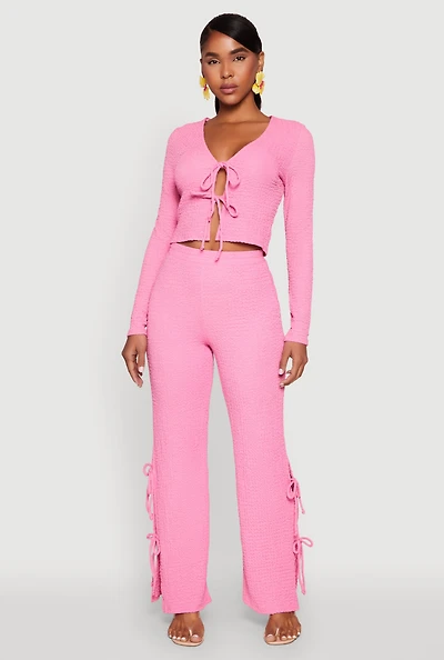 Womens Textured Knit Double Side Tie Slit Pants, Pink, Size S