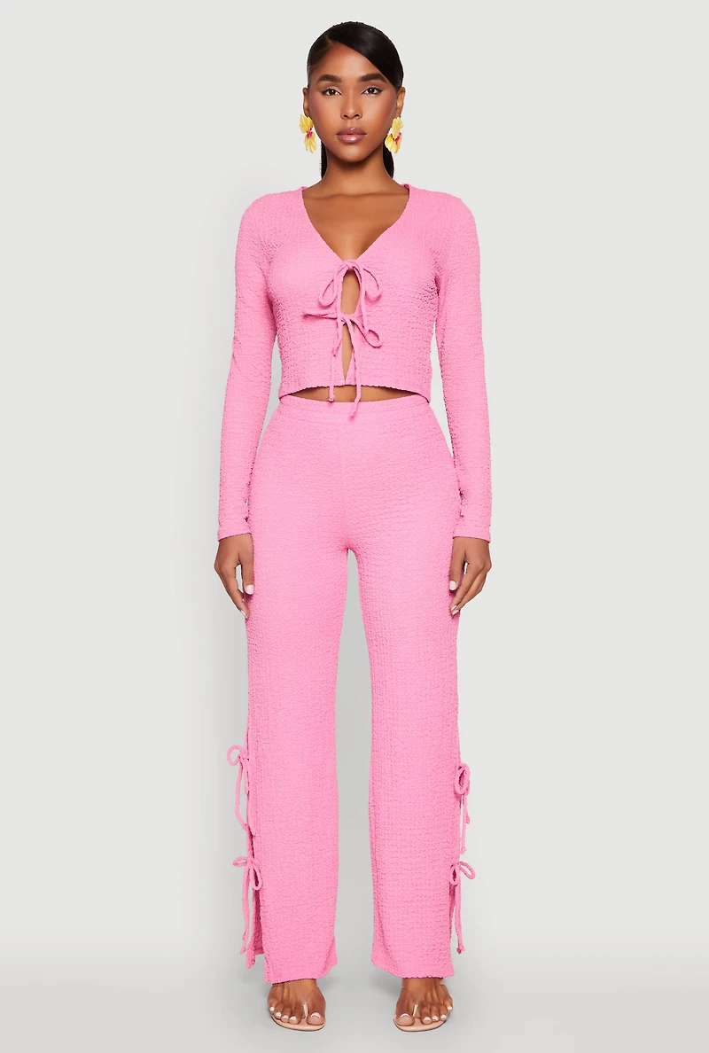 Womens Textured Knit Double Side Tie Slit Pants, Pink, Size S