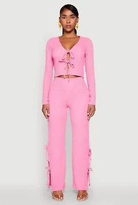 Womens Textured Knit Double Side Tie Slit Pants, Pink, Size S