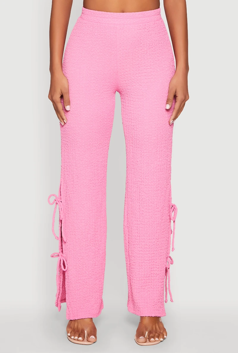 Womens Textured Knit Double Side Tie Slit Pants, Pink, Size S