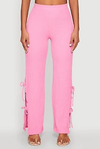 Womens Textured Knit Double Side Tie Slit Pants, Pink, Size S