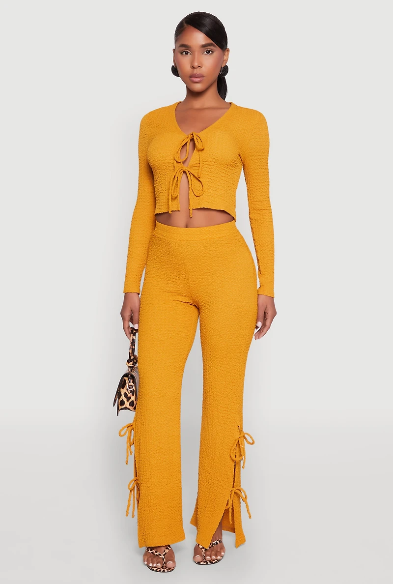 Womens Textured Knit Double Side Tie Slit Pants, Yellow, Size M