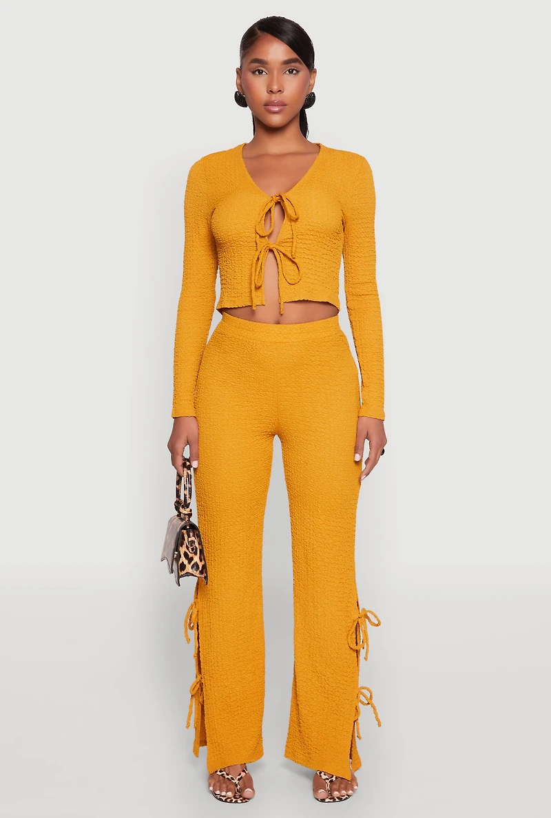 Womens Textured Knit Double Side Tie Slit Pants, Yellow, Size M