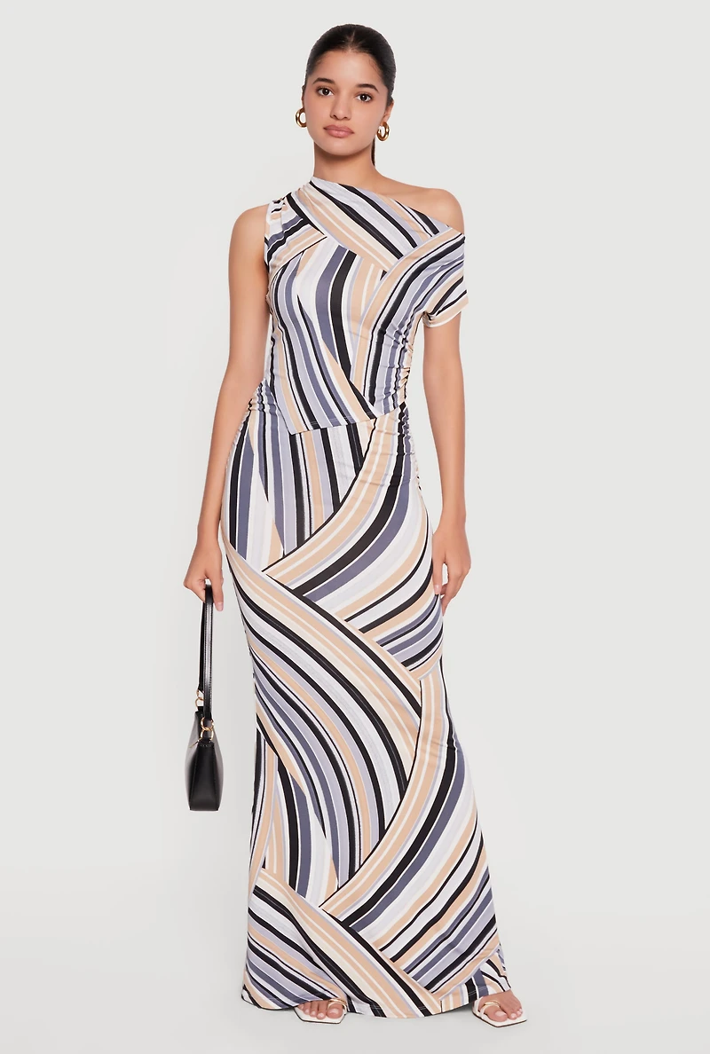 Striped Side Ruched High Waisted Mermaid Skirt