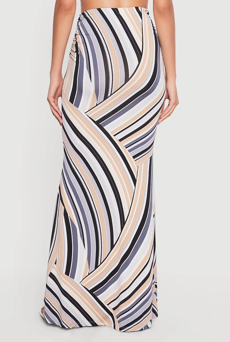 Striped Side Ruched High Waisted Mermaid Skirt