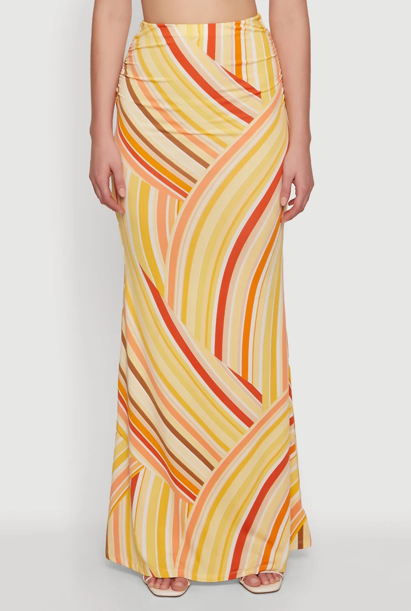 Striped Side Ruched High Waisted Mermaid Skirt