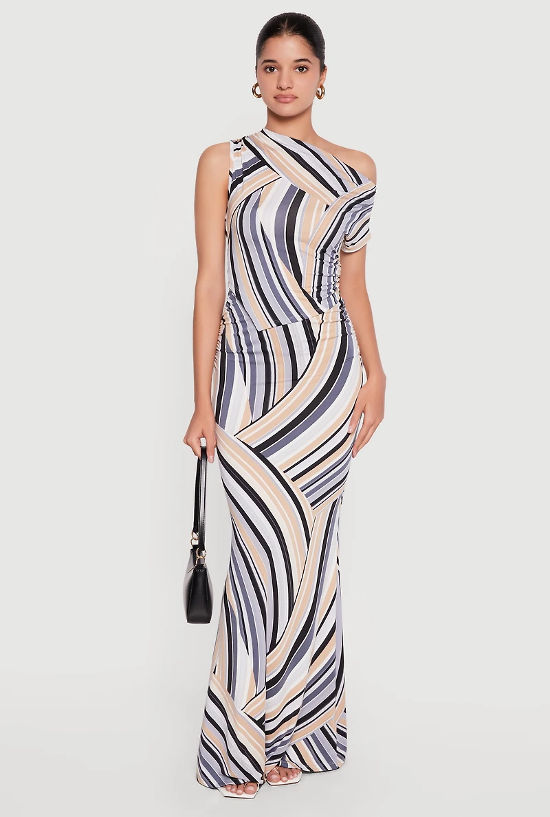 One Shoulder Striped Side Ruched Blouse