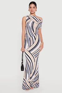 One Shoulder Striped Side Ruched Blouse