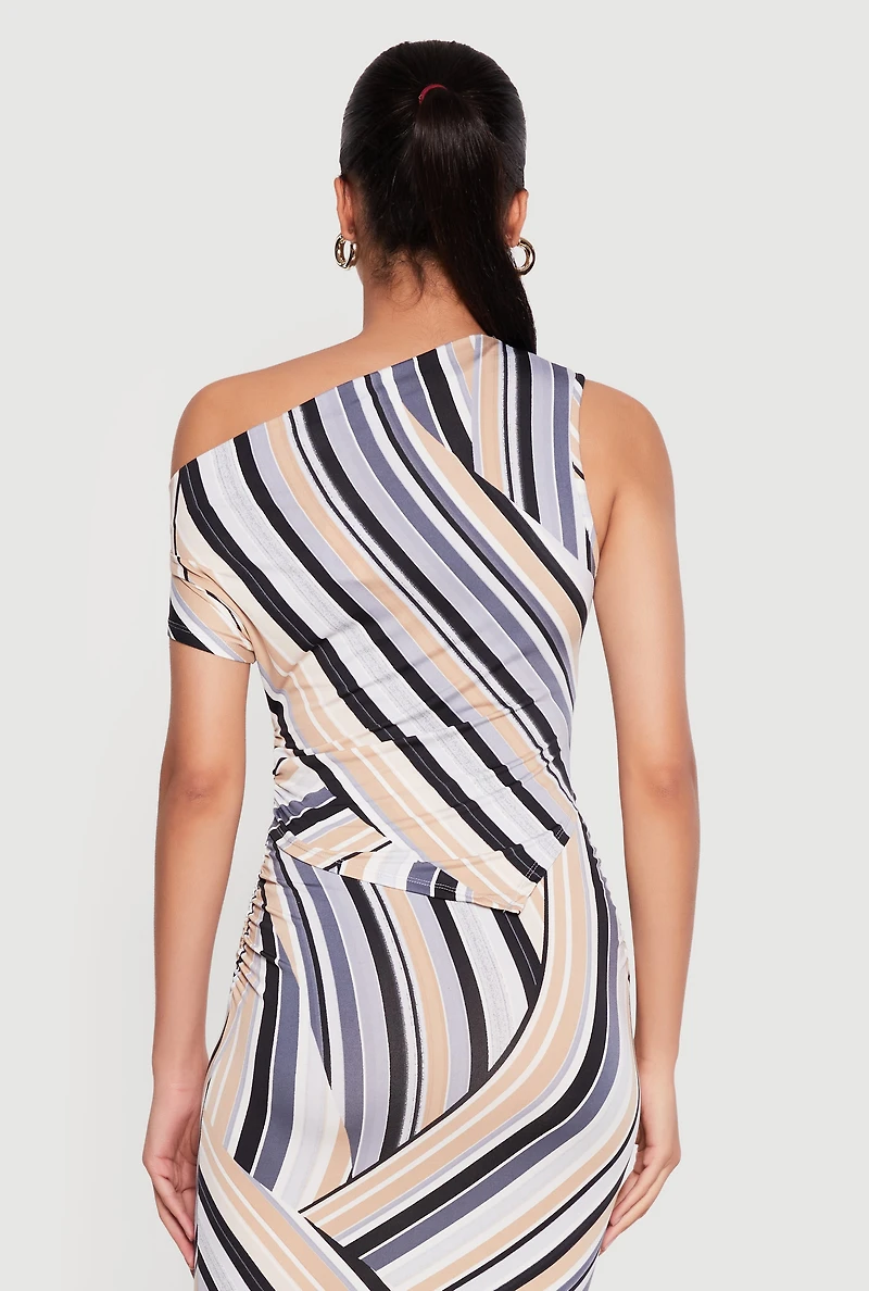 One Shoulder Striped Side Ruched Blouse