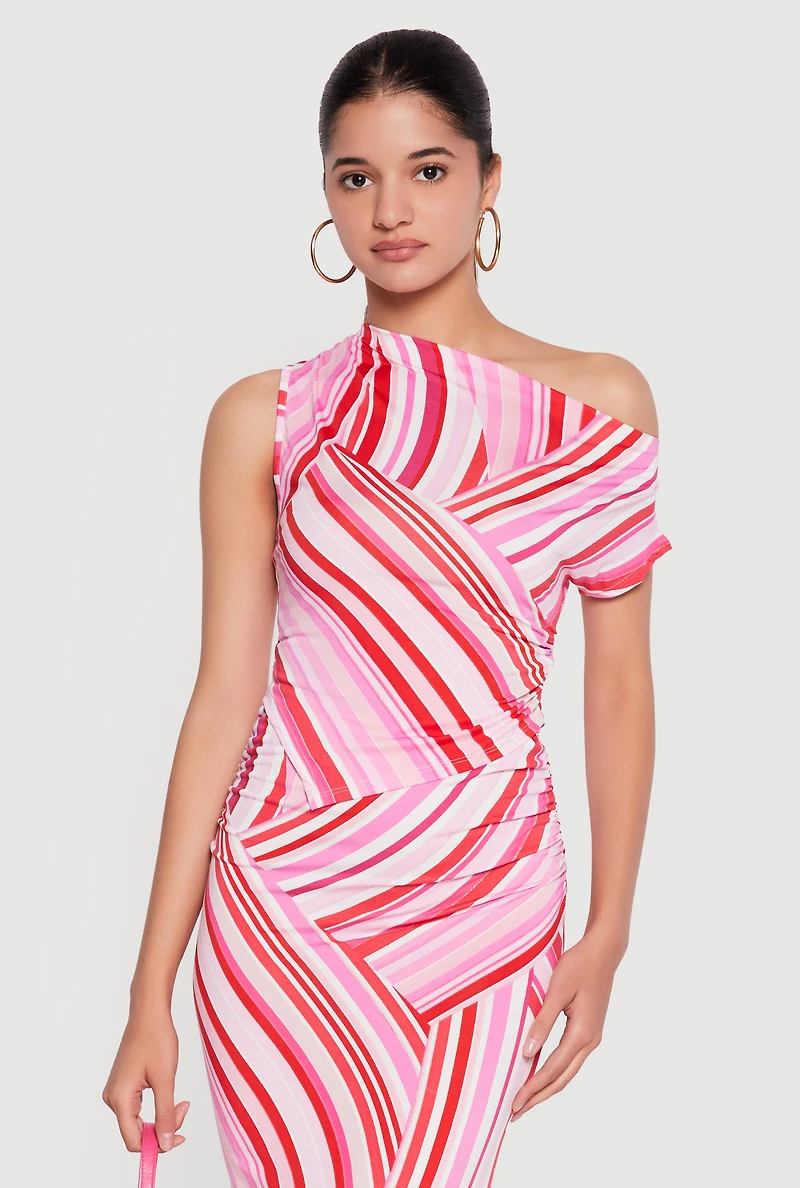 One Shoulder Striped Side Ruched Blouse