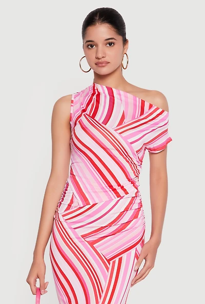 One Shoulder Striped Side Ruched Blouse