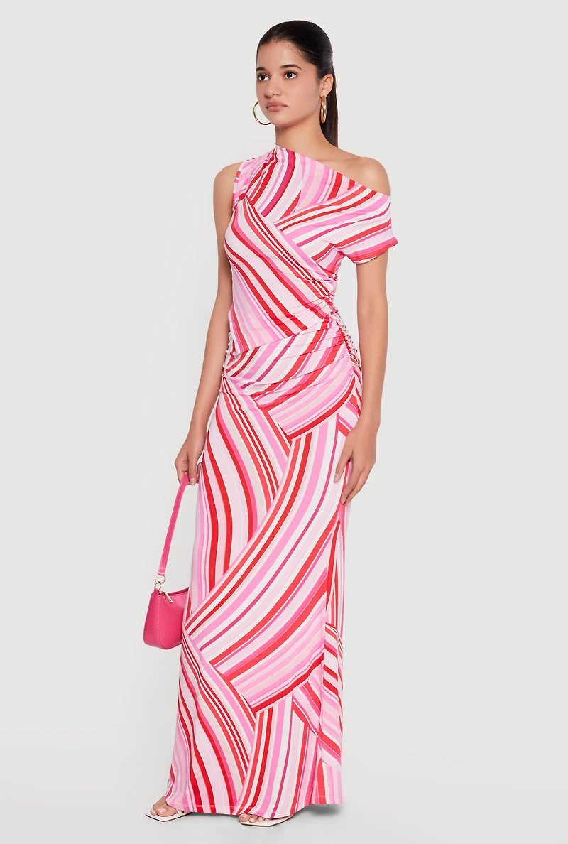One Shoulder Striped Side Ruched Blouse