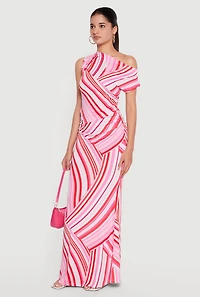 One Shoulder Striped Side Ruched Blouse