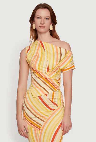 One Shoulder Striped Side Ruched Blouse