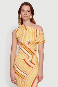 One Shoulder Striped Side Ruched Blouse