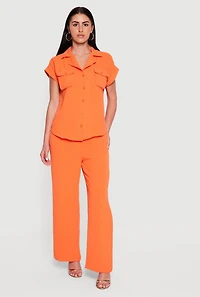 Crepe Knit Fixed Cuff Button Front Shirt