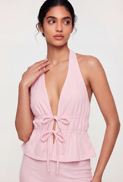 Textured Knit Tie Front Detail Halter Top