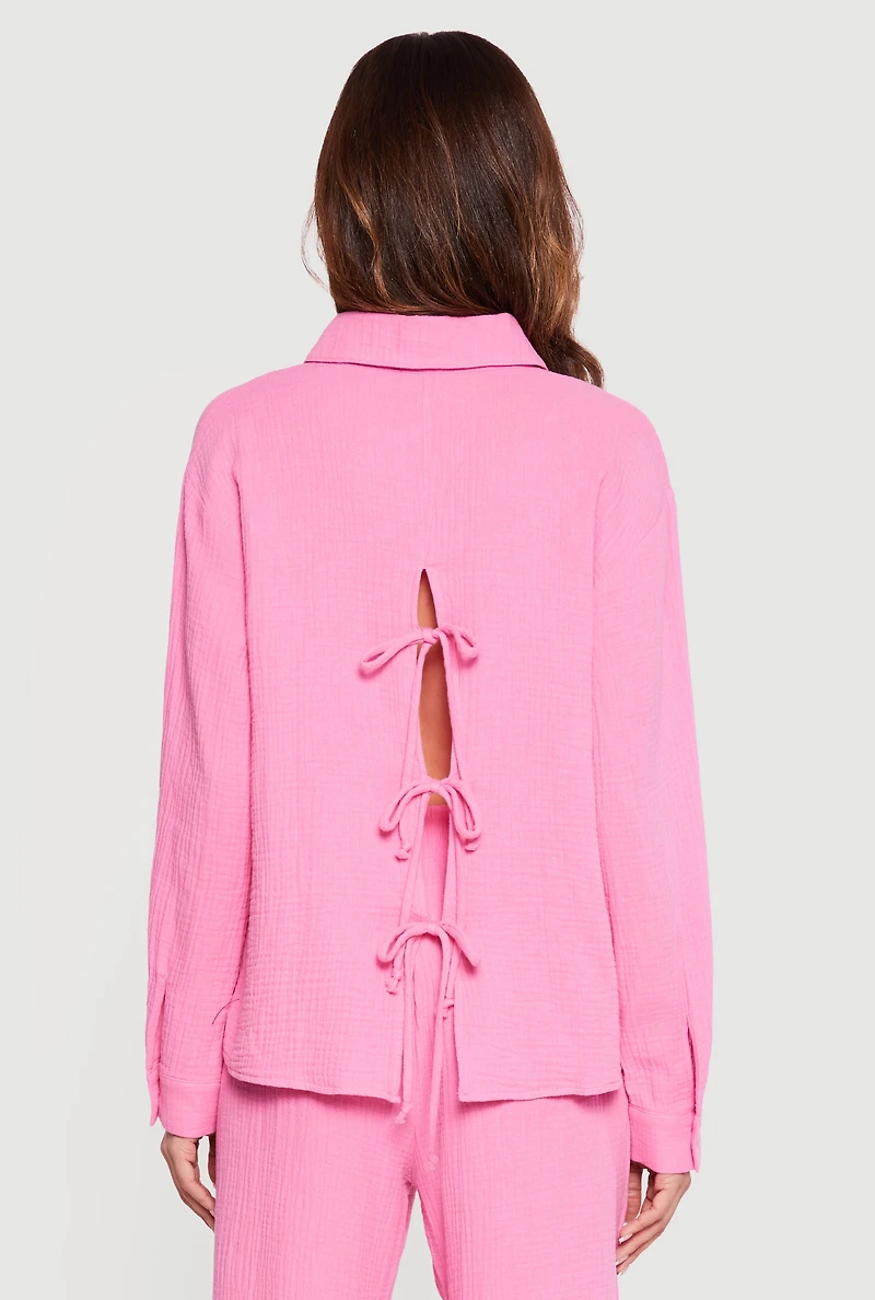 Tie Back Collared Button Front Blouse