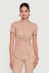 Textured Knit Metallic O Ring Keyhole Slit Front Blouse