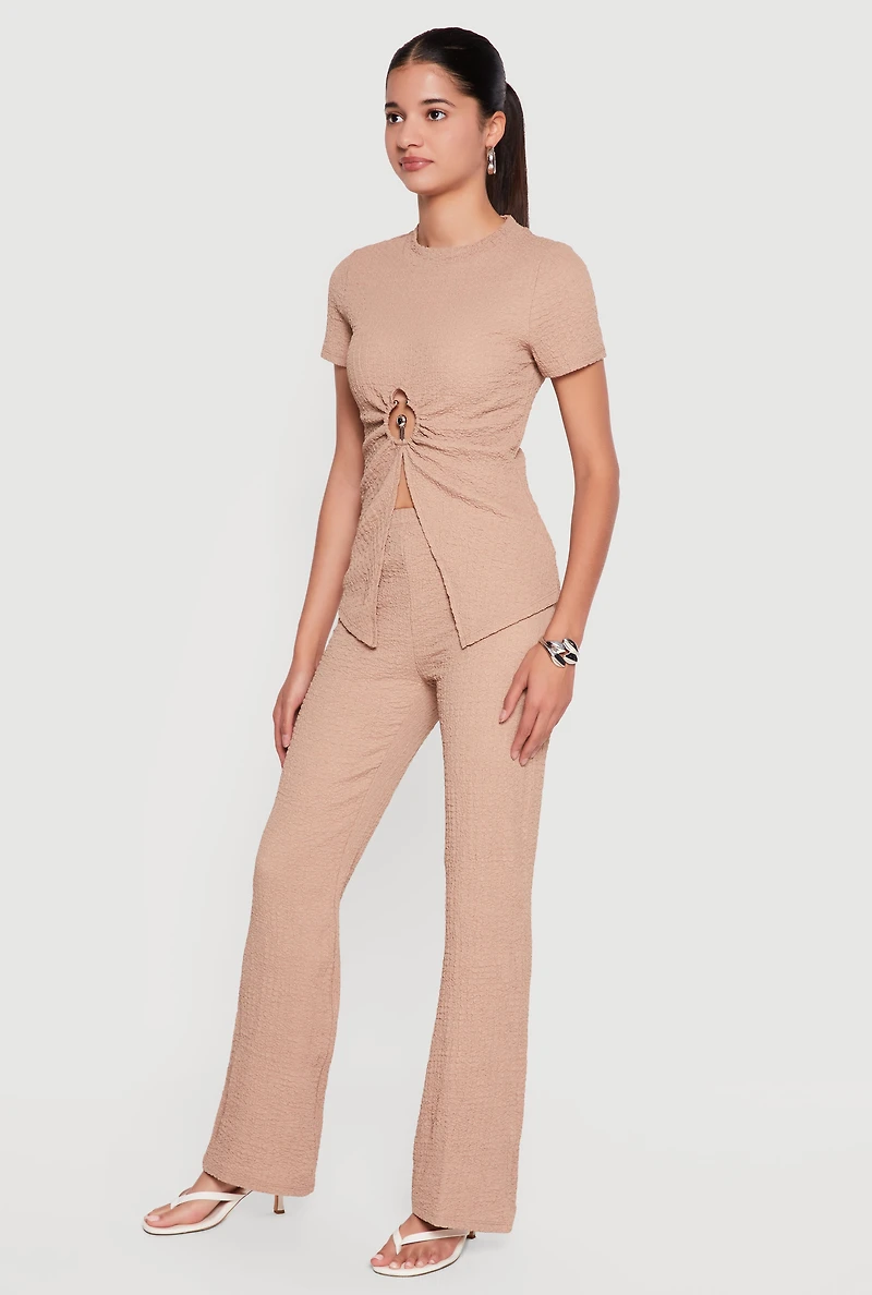 Textured Knit Metallic O Ring Keyhole Slit Front Blouse