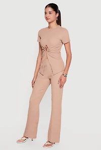 Textured Knit Metallic O Ring Keyhole Slit Front Blouse