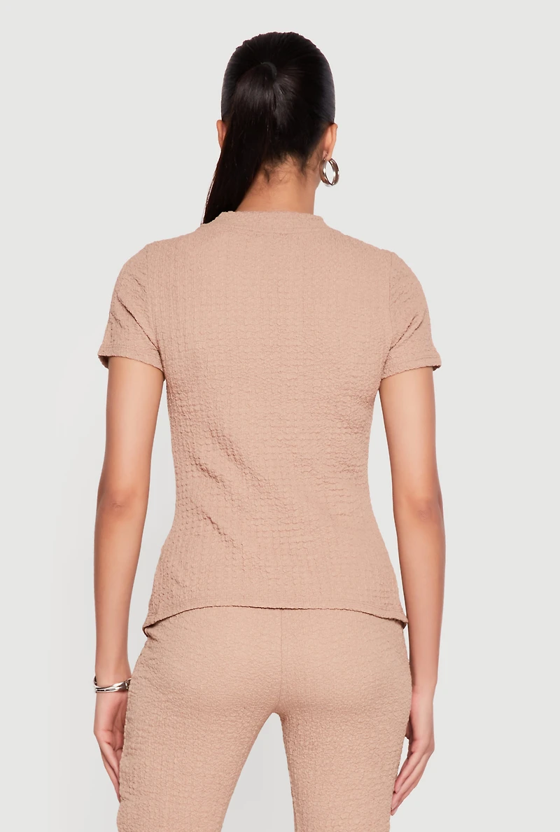 Textured Knit Metallic O Ring Keyhole Slit Front Blouse