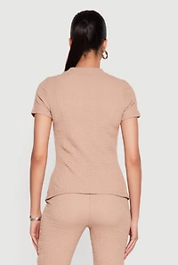 Textured Knit Metallic O Ring Keyhole Slit Front Blouse