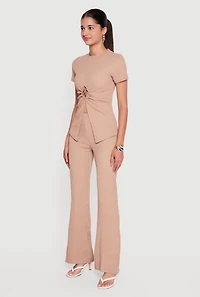 Textured Knit High Waisted Flare Leg Pants