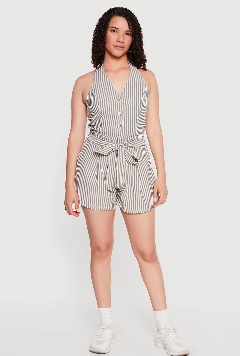Striped Tie Waist Belted Shorts