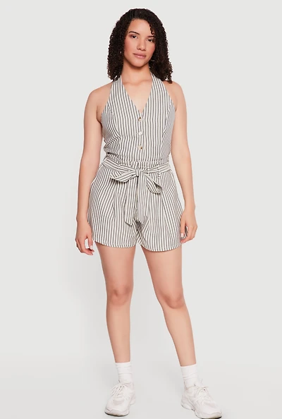 Striped Tie Waist Belted Shorts