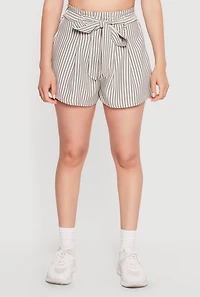 Striped Tie Waist Belted Shorts