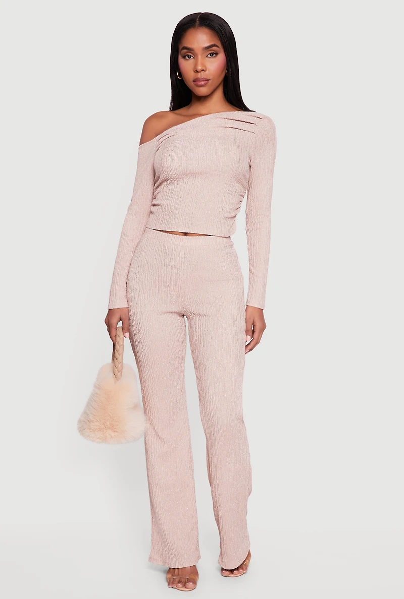 Womens Textured Knit Ruched One Shoulder Top,