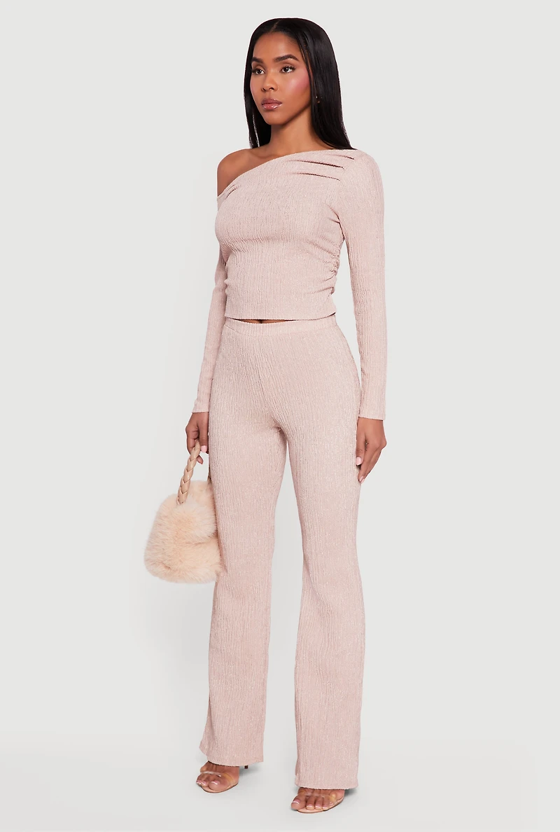 Womens Textured Knit Ruched One Shoulder Top,