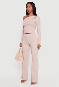 Womens Textured Knit Ruched One Shoulder Top,