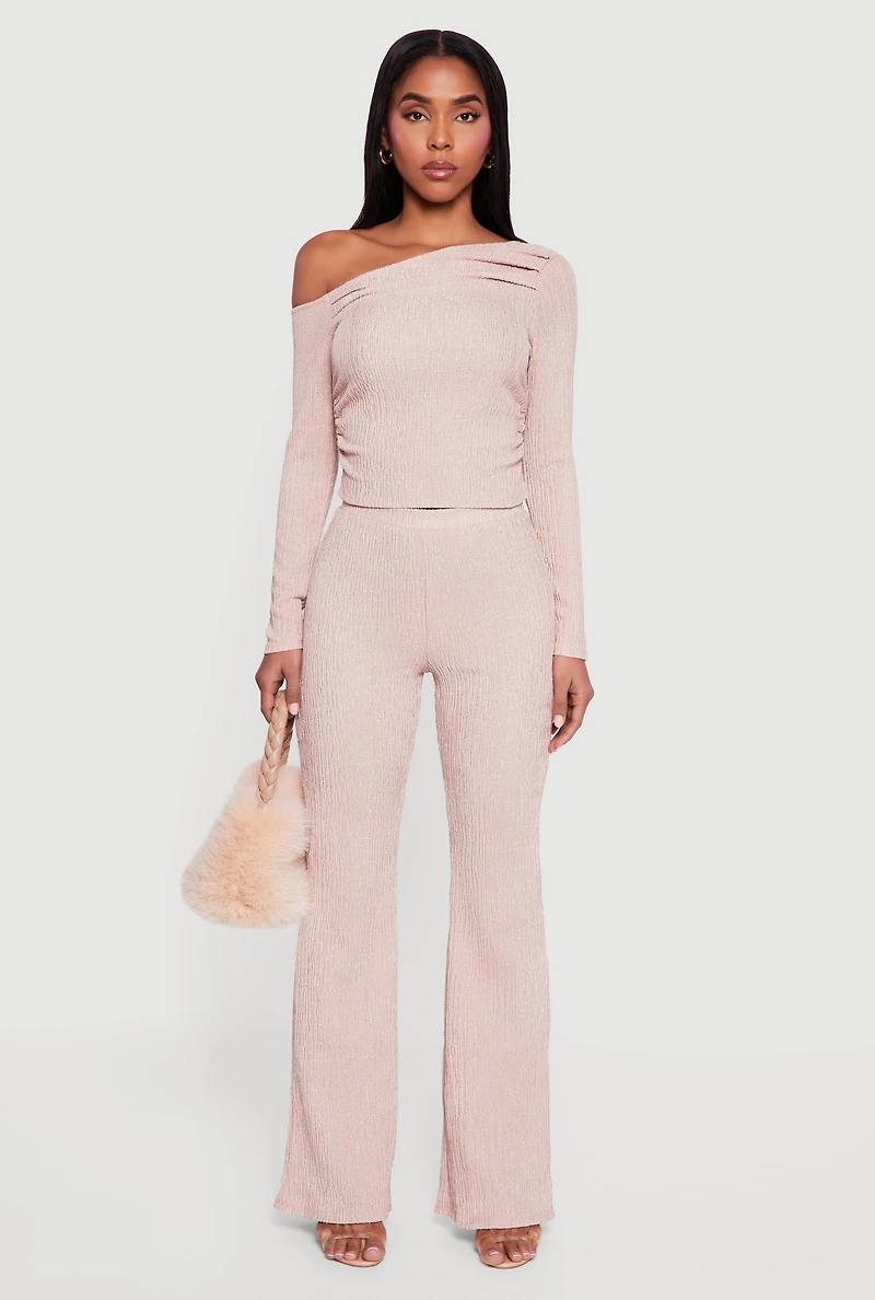 Womens Textured Knit Pull On Straight Leg Pants,