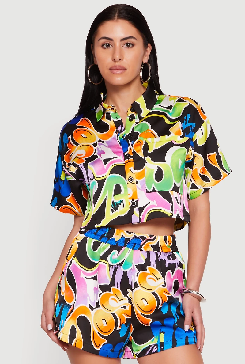 Graffiti Satin Cropped Button Front Shirt