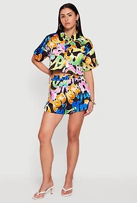 Graffiti Satin Cropped Button Front Shirt